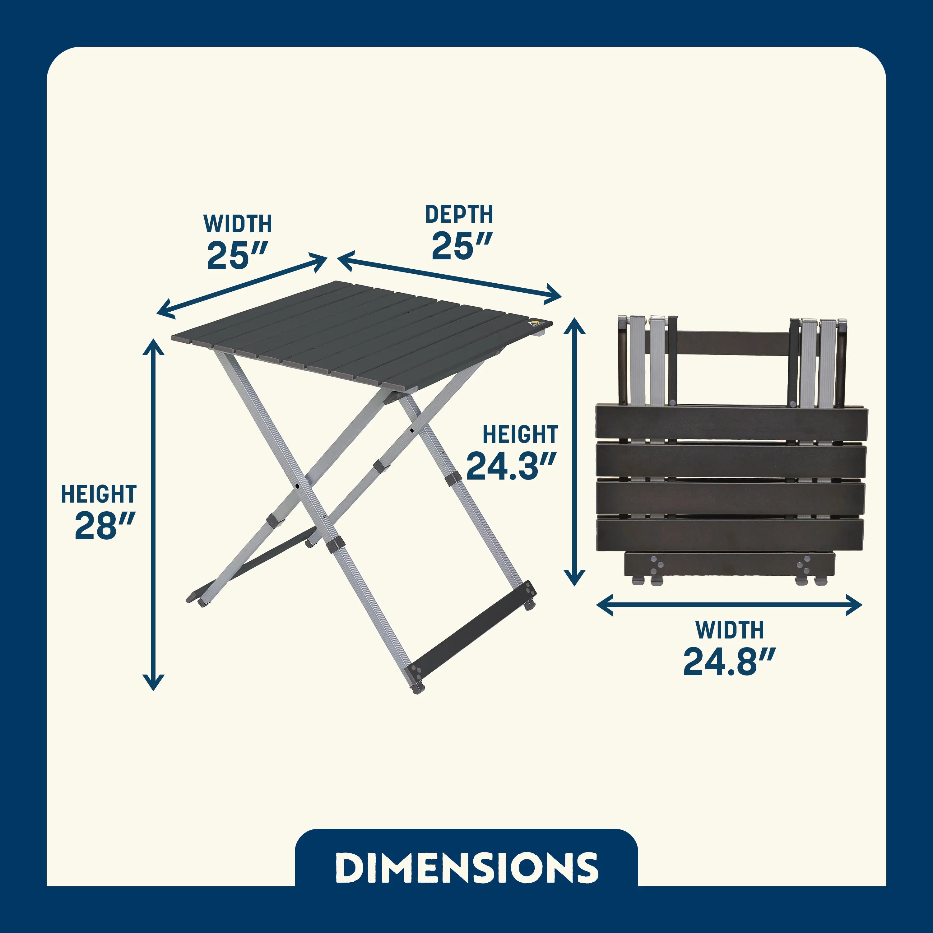 Dimension overview of the larger Compact Camp Table shown open and folded, with labeled width, depth, and two height views.