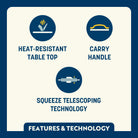 Feature callout for the larger Compact Camp Table with heat-resistant tabletop, carry handle, and squeeze telescoping leg technology.