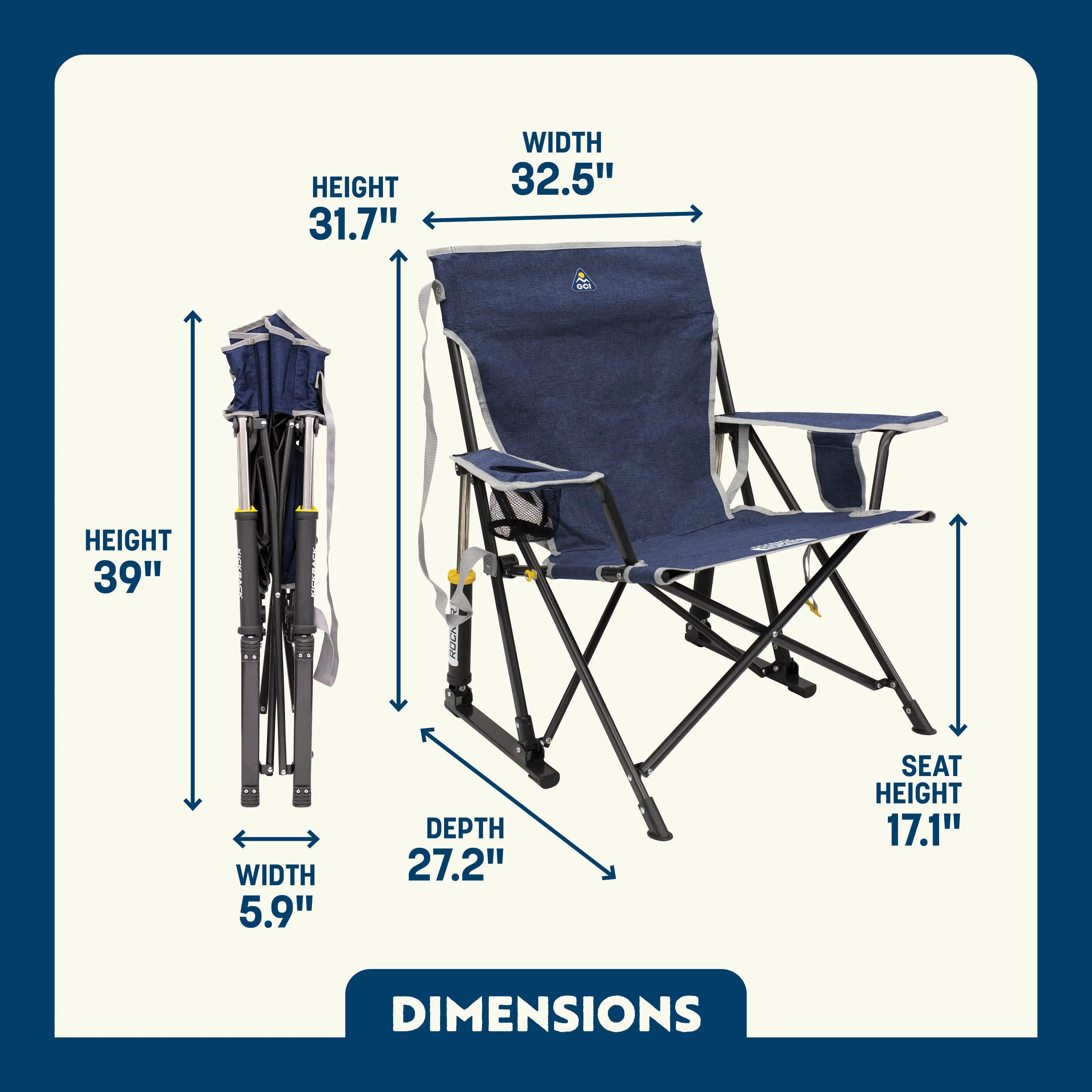 Kickback Rocker shown open and folded, with labeled height, width, depth, and seat height for easy reference.