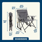 Kickback Rocker shown open and folded, with labeled height, width, depth, and seat height for easy reference.
