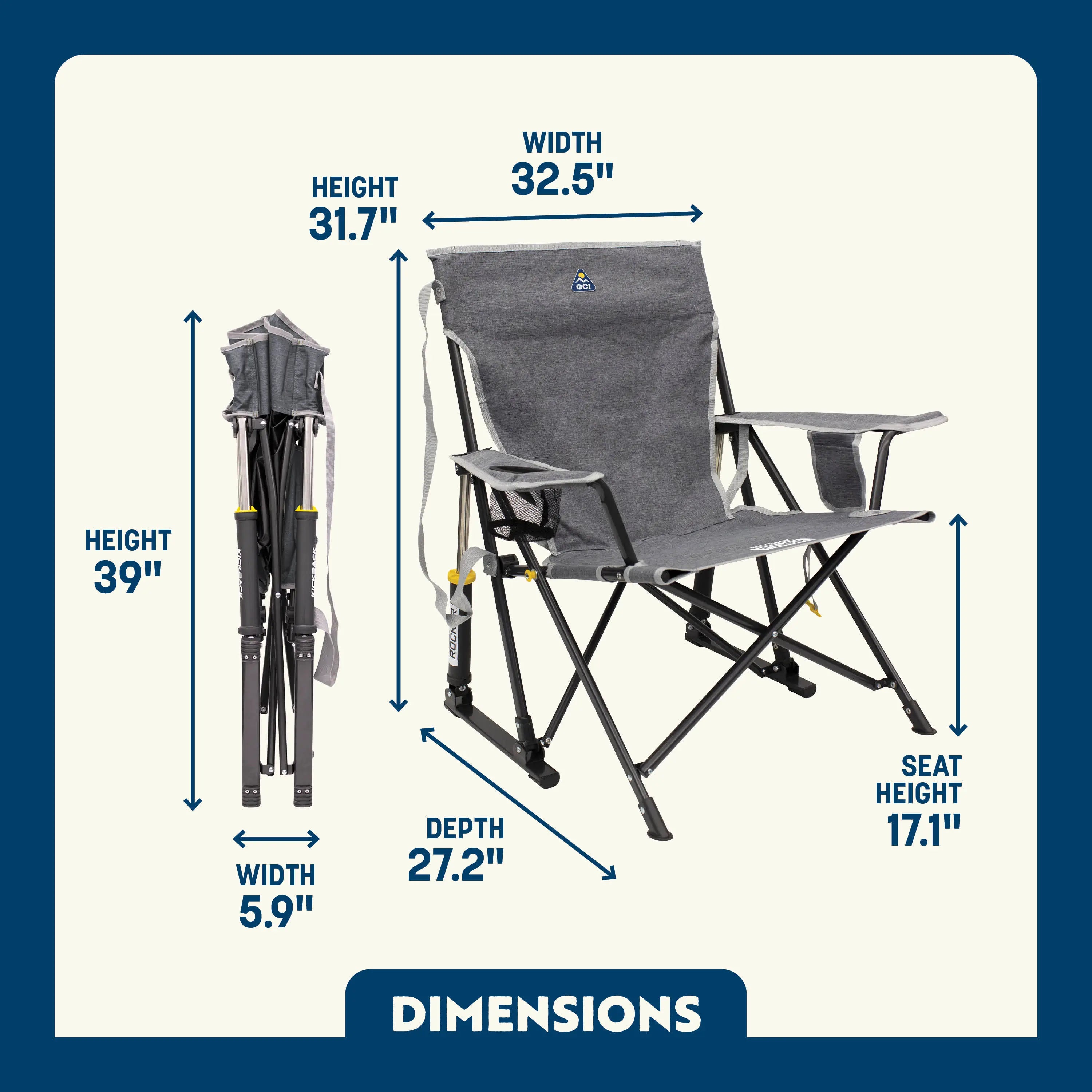 Kickback Rocker shown open and folded, with labeled height, width, depth, and seat height for easy reference.