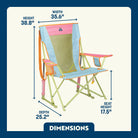 Colorful pastel Comfort Pro Rocker in blue, pink, and green showing dimensions.