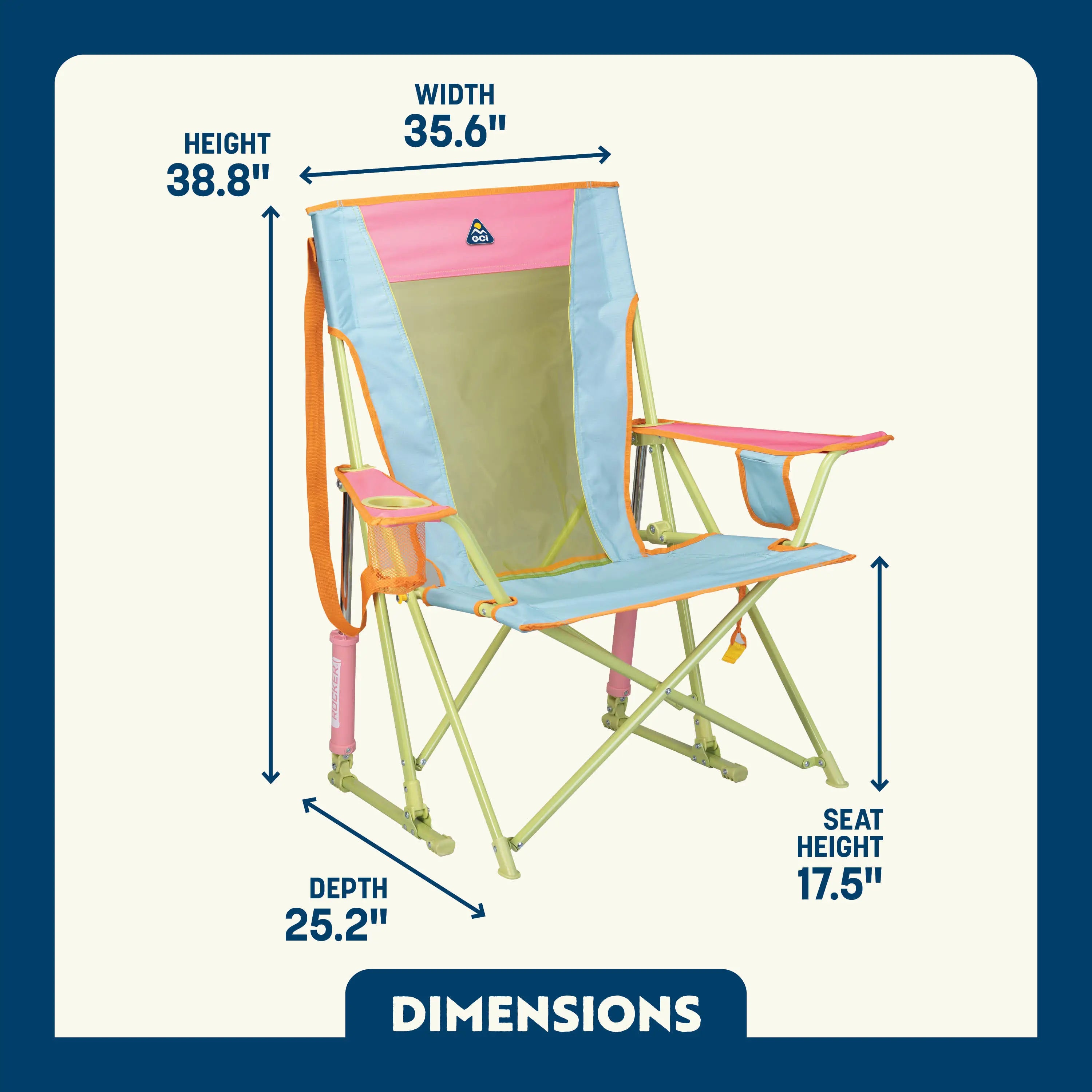 Colorful pastel Comfort Pro Rocker in blue, pink, and green showing dimensions.