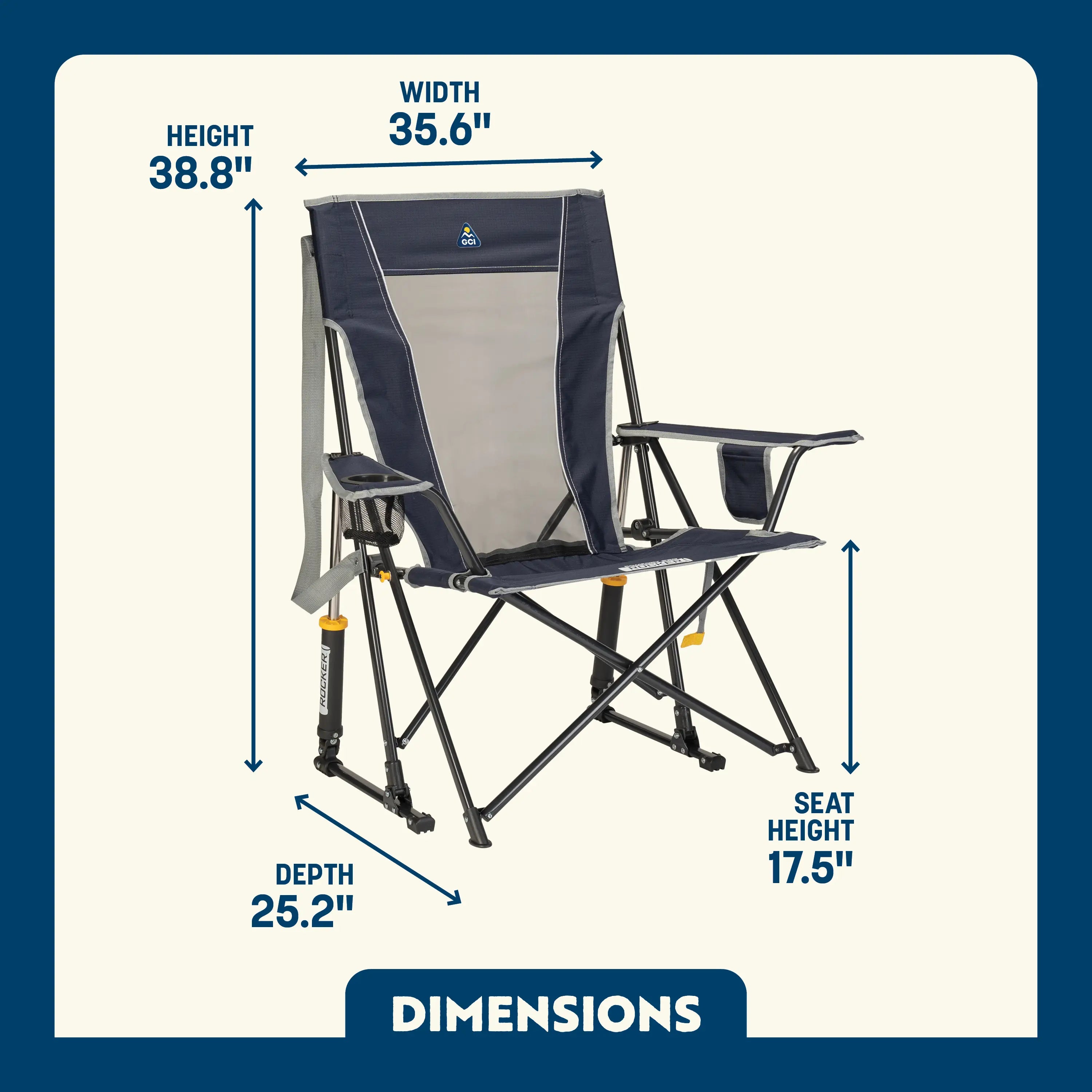 Indigo Comfort Pro Rocker with cupholder showing the dimensions.