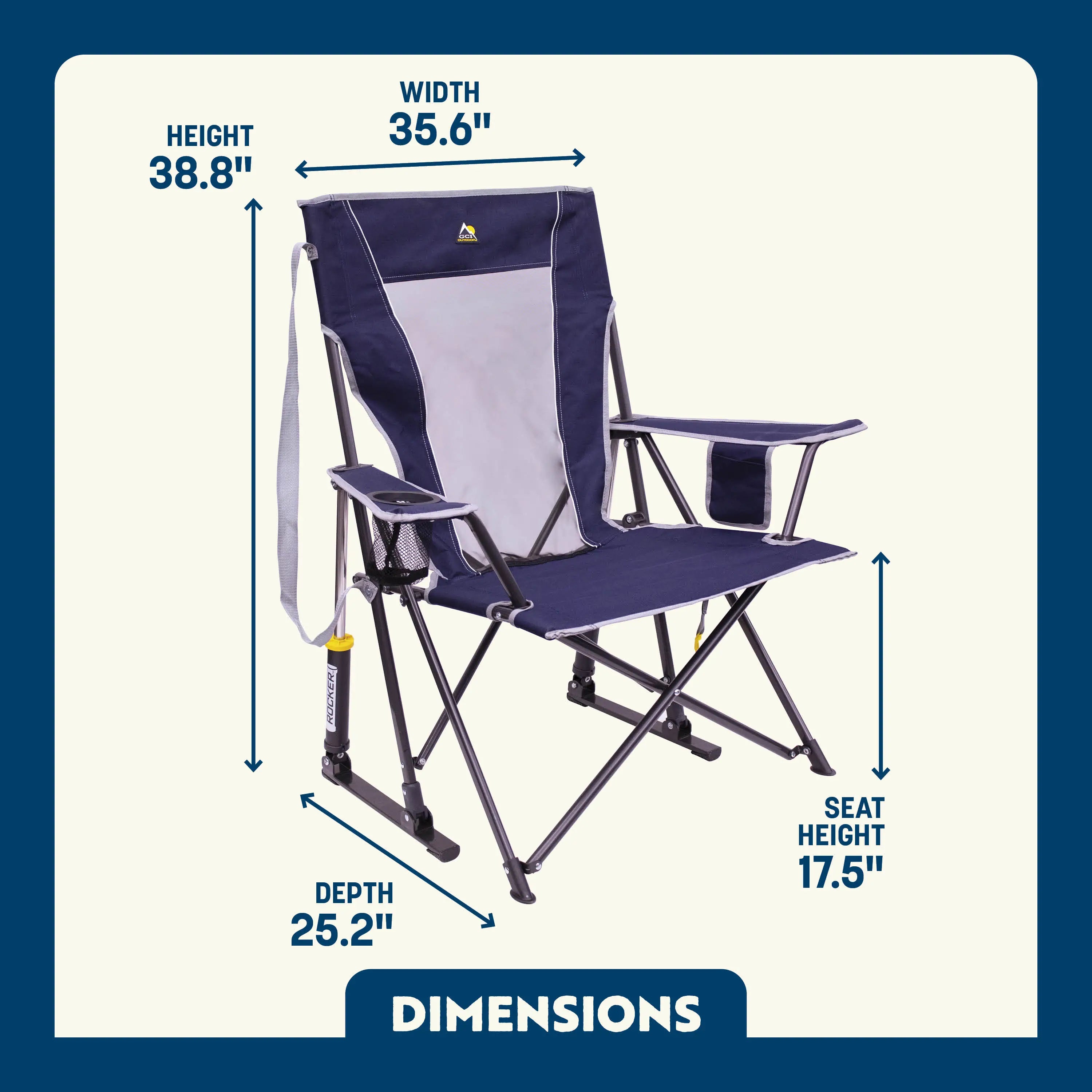 Navy and gray Comfort Pro Rocker with cupholder showing the dimensions.