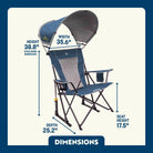 Sunshade Rocker shown fully open with labeled dimensions; includes tall backrest, cupholder, and UPF 50+ adjustable canopy.
