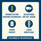 Icons highlight spring-action rocking, UPF 50+ adjustable shade, phone pocket, and large mouth carry bag.