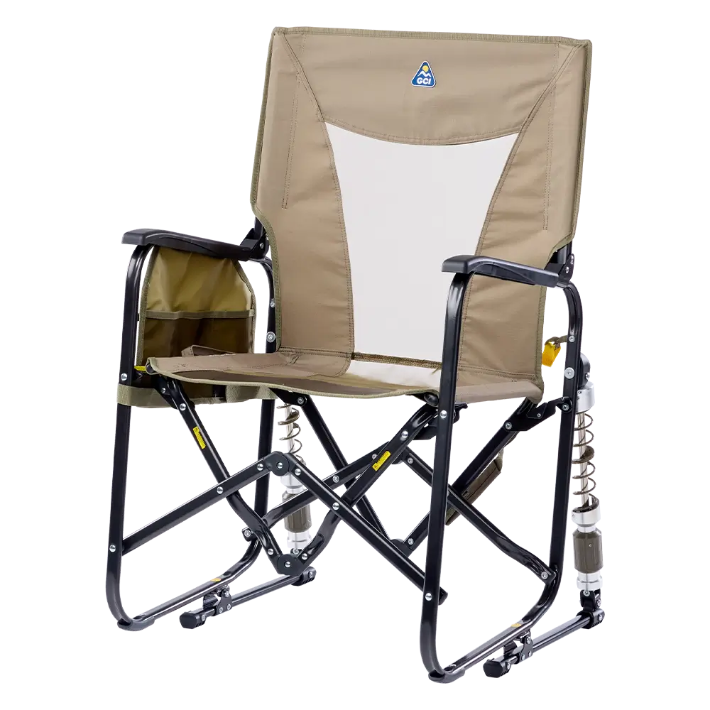 Aged fatigue camping chair with an adjustable spring rocker on a white background