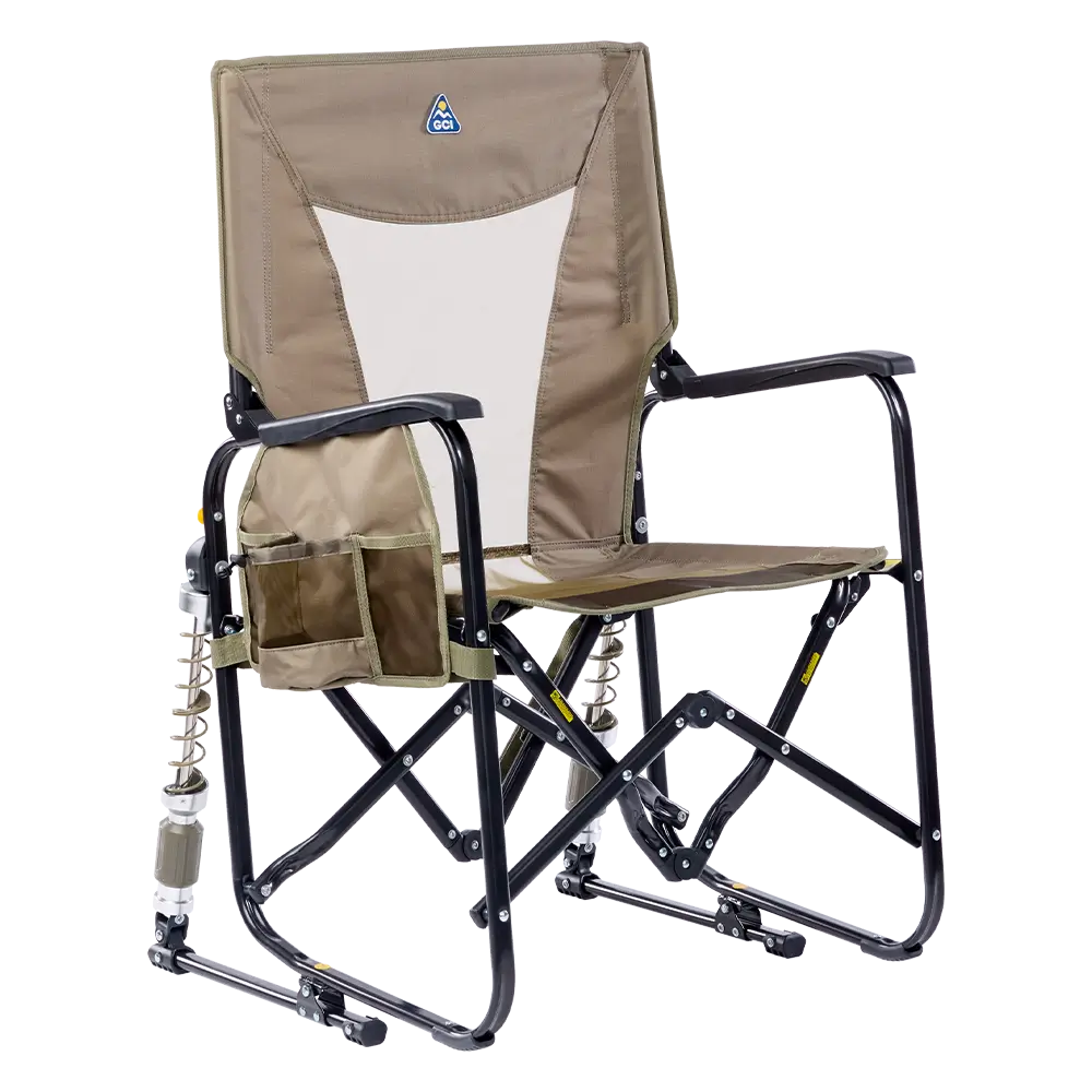 Aged fatigue camping chair with black frame and drink holder on a white background