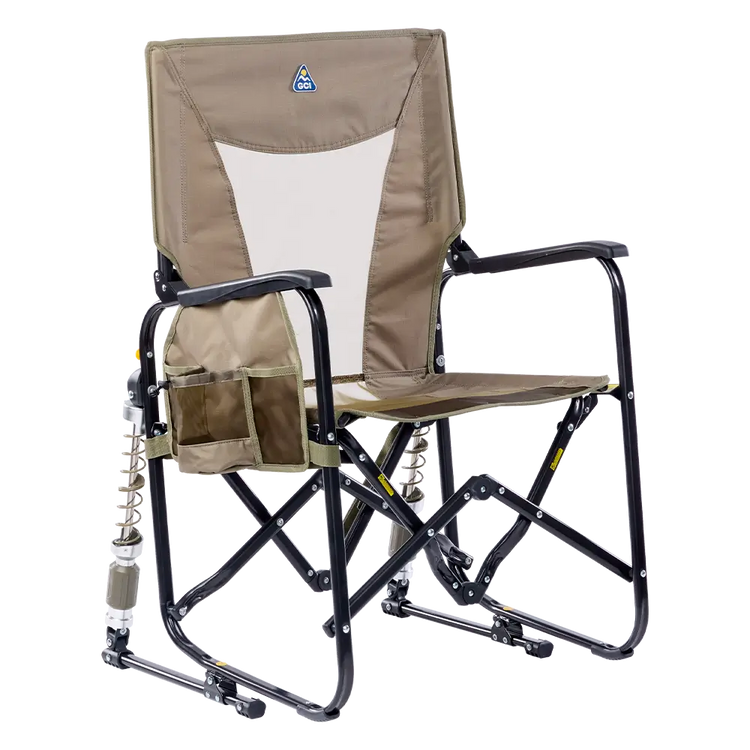 Aged fatigue camping chair with black frame and drink holder on a white background