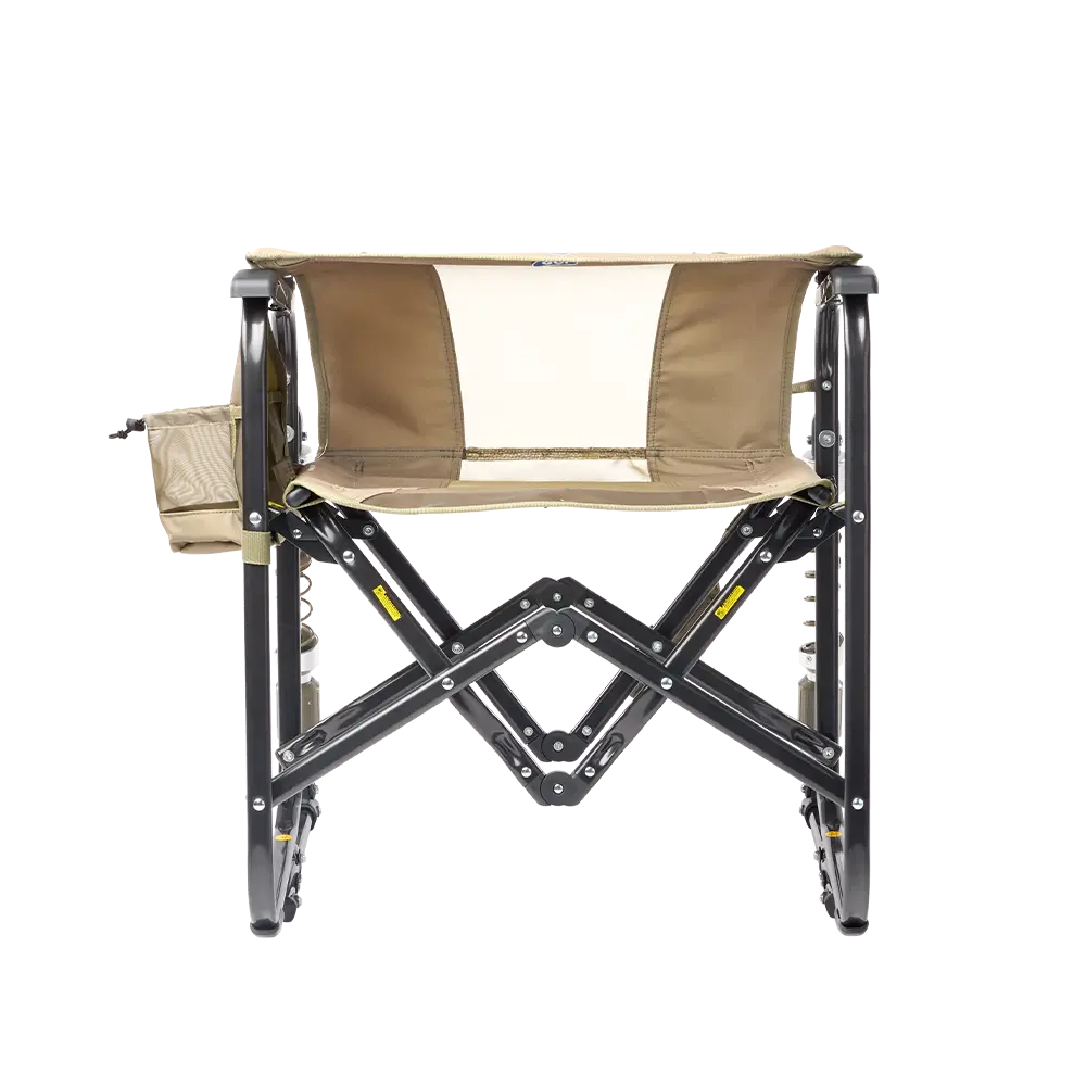 Foldable camping chair with an aged fatigue seat and backrest on a white background