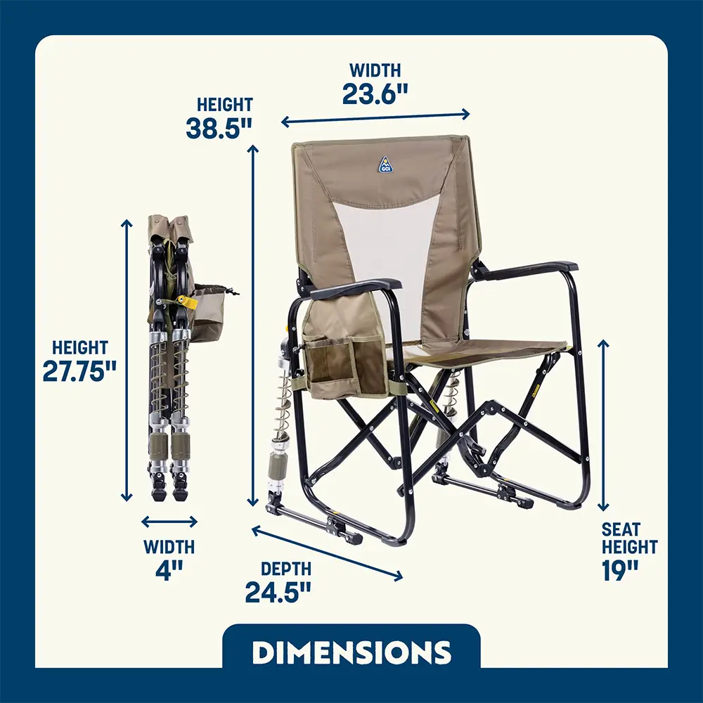 Camping chair with dimensions displayed on a blue and beige background