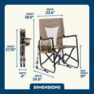 Tan and white adjustable rocking chair shown unfolded and folded, with labeled dimensions