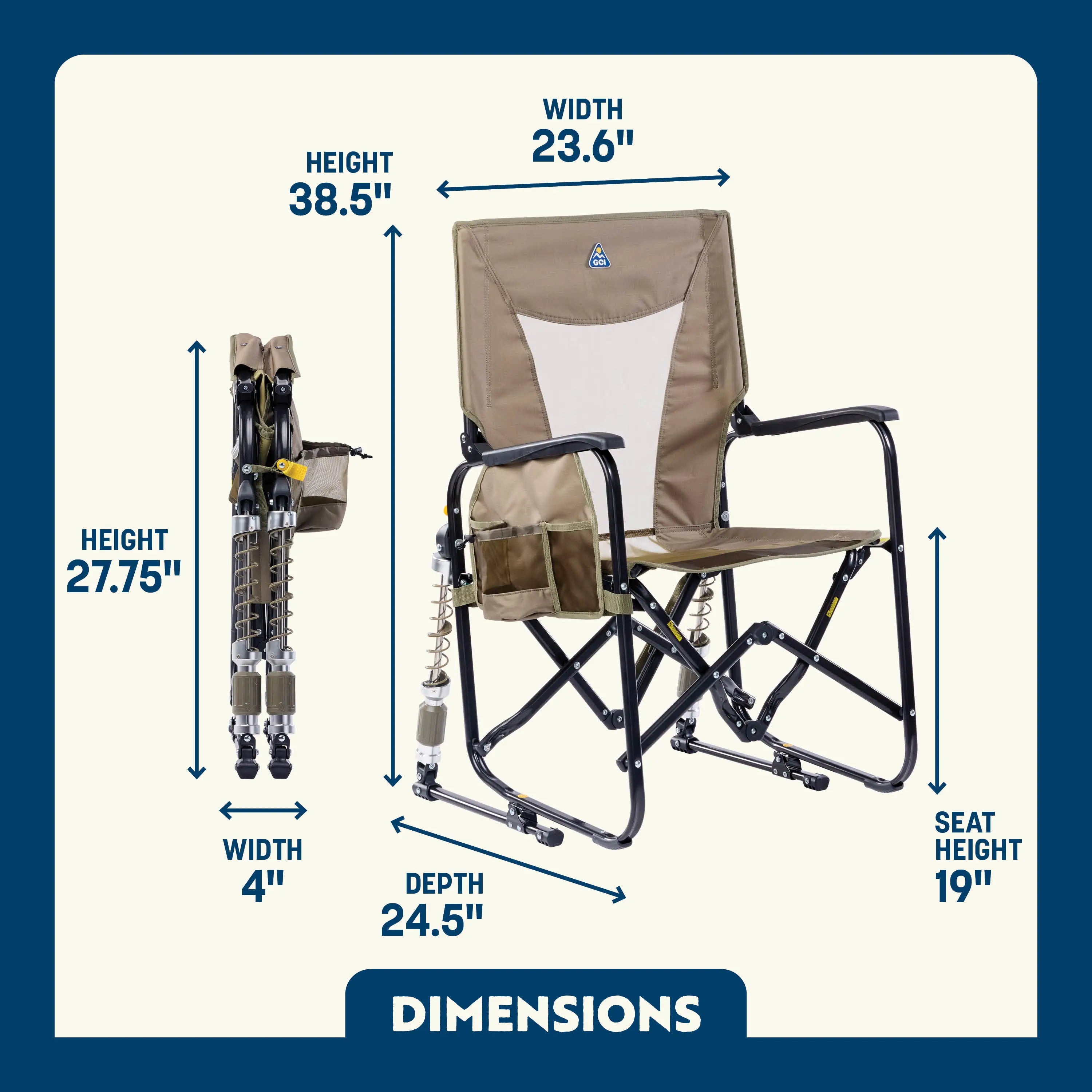 Tan and white adjustable rocking chair shown unfolded and folded, with labeled dimensions