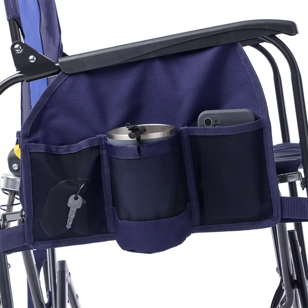 Rich blue organizer attached to a chair with cup holder, keys, and phone inside.