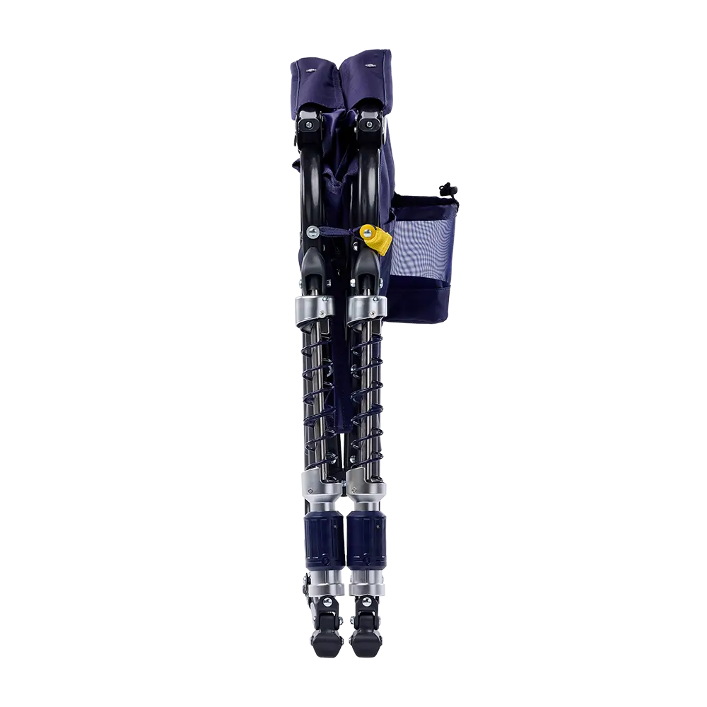 Blue folding chair fully collapsed on a white background