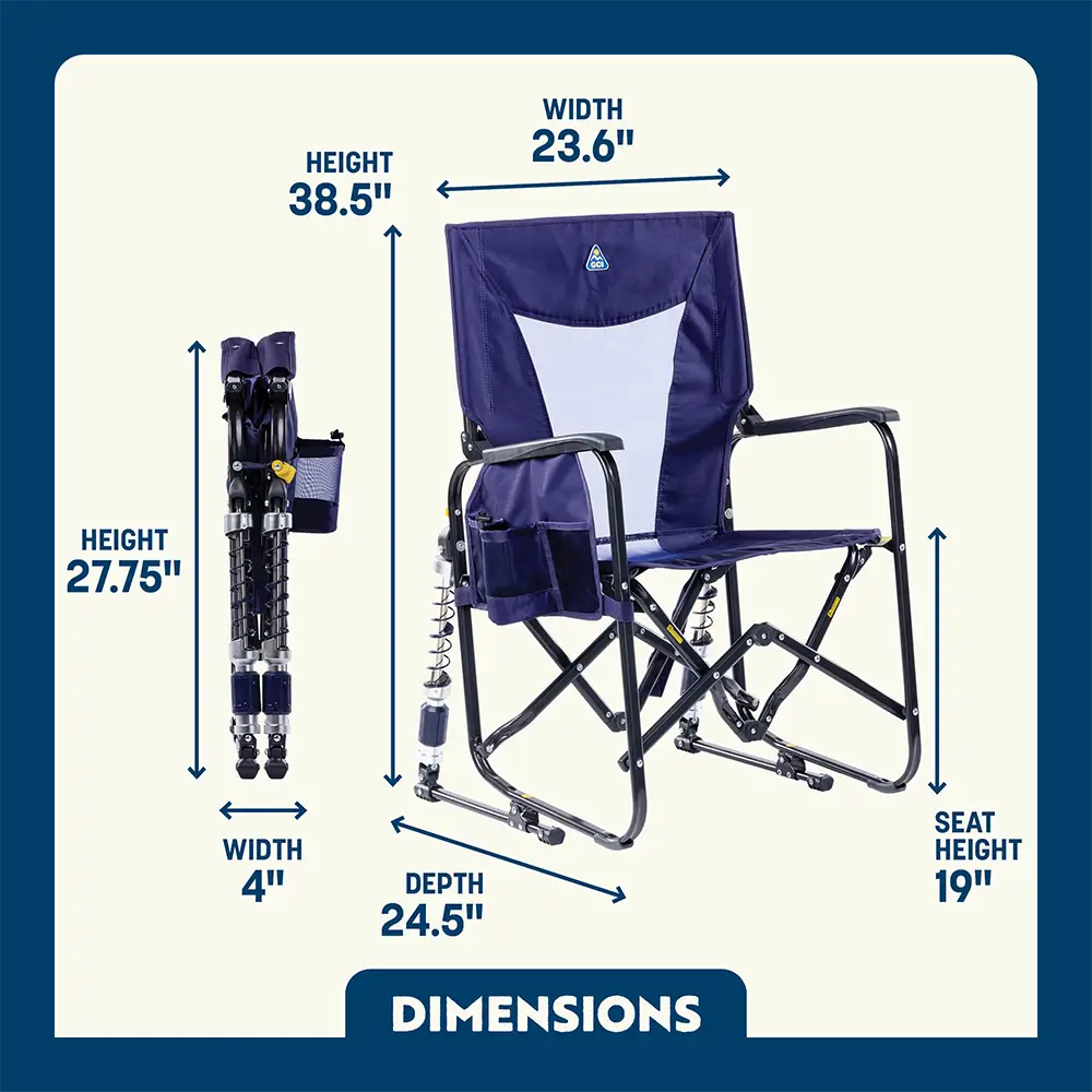 Camping chair with dimensions labeled on a blue and white background