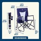 Navy blue and white adjustable rocking chair with black frame displayed in both open and folded states, featuring size details.