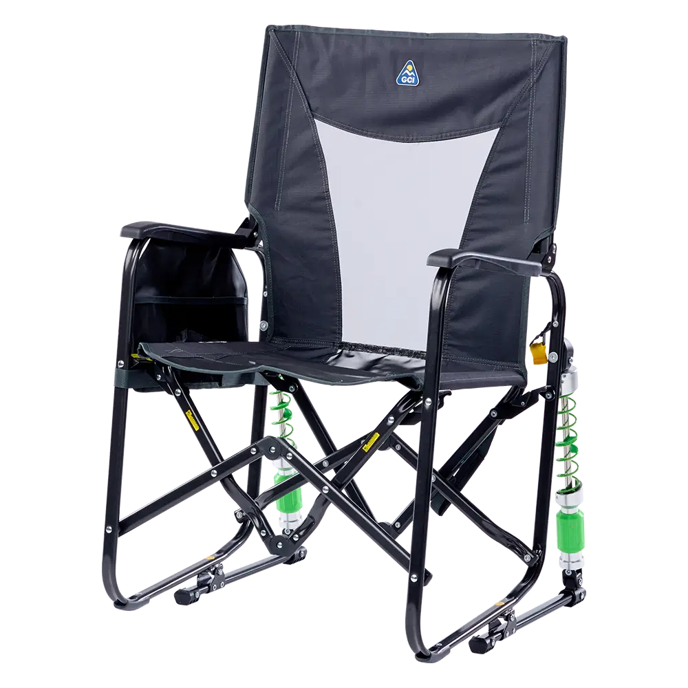 Front left view of the Heathered Charcoal Stowaway Rocker. 