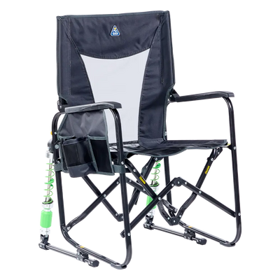 Front right view of the Heathered Charcoal Stowaway Rocker. 