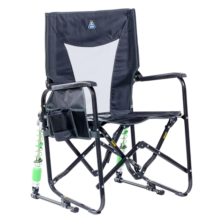 Front right view of the Heathered Charcoal Stowaway Rocker. 
