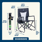 Black and gray adjustable rocker chair with green accents displayed both open and folded, with size specs.