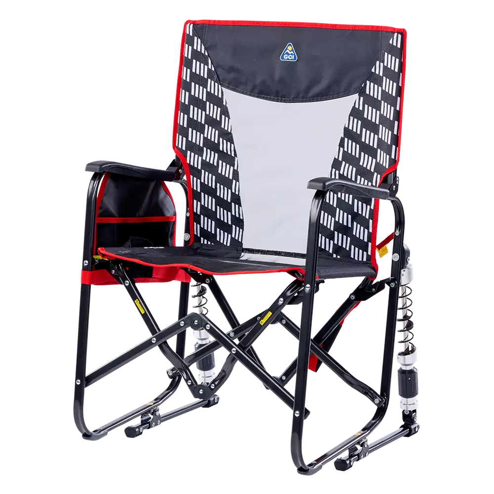 Front left view of the Charcoal Racing Stowaway Rocker. 