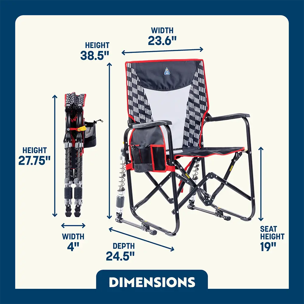 Adjustable rocker in red and black design with patterned backrest shown in full and folded view.