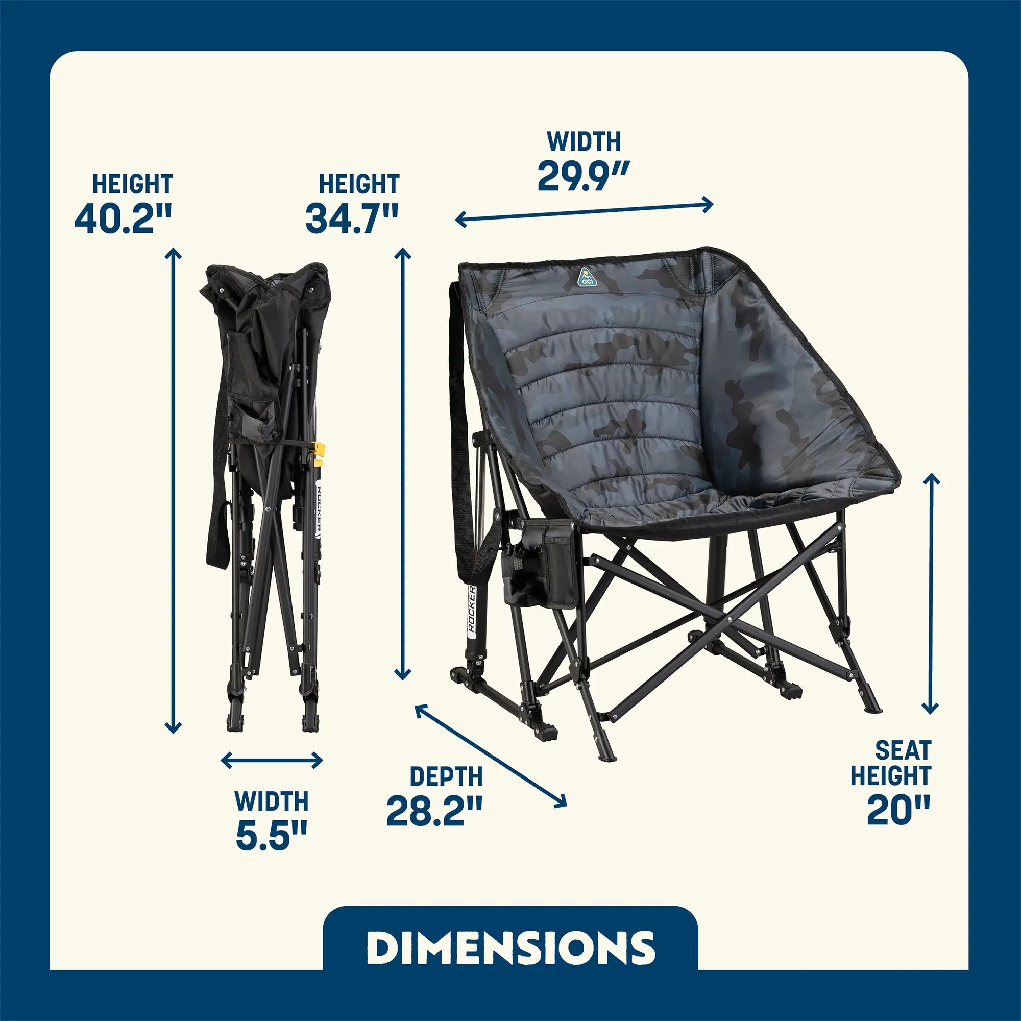 Stealth Camo Puff Rocker dimensions overview. 