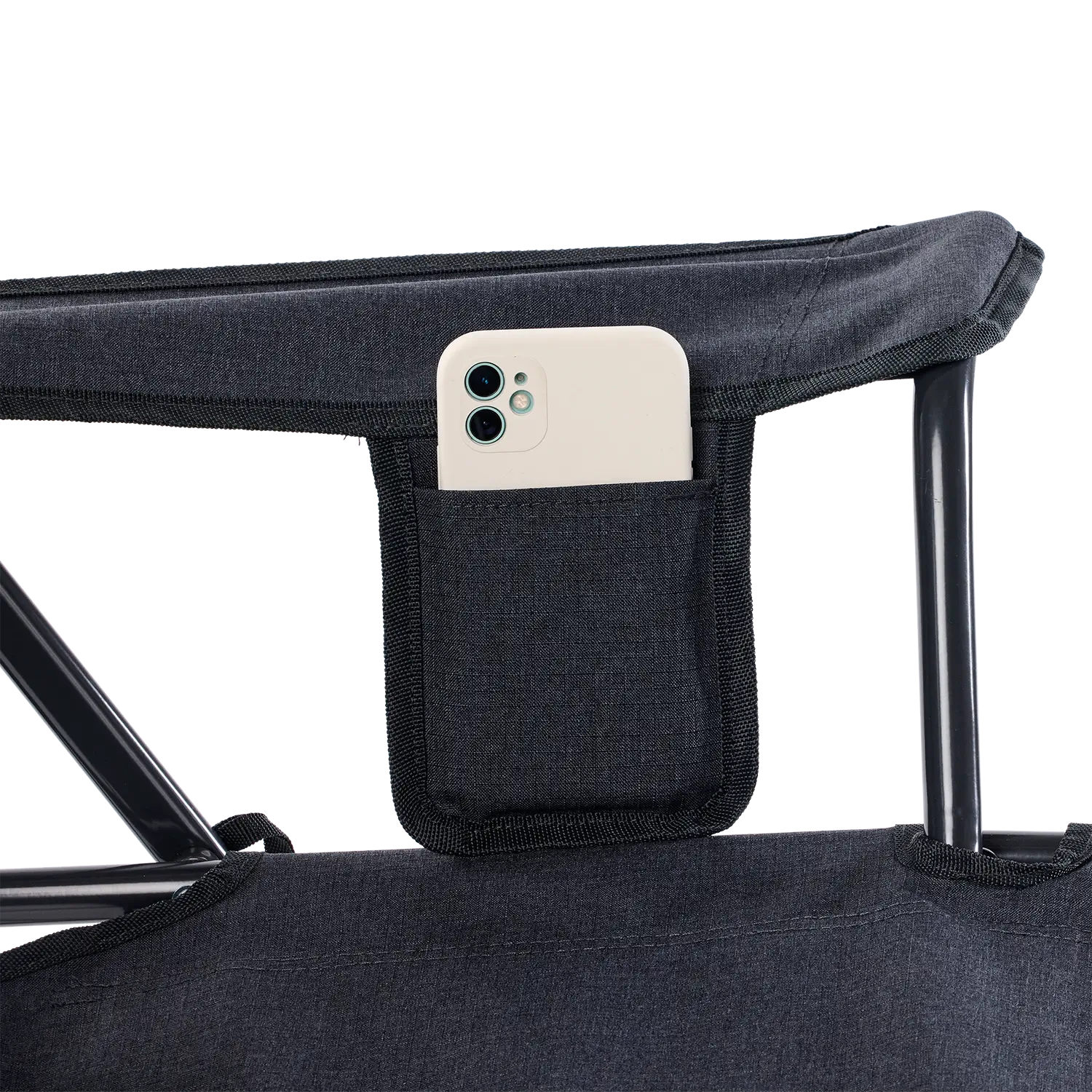 Phone holder and arm rest of the Heathered Charcoal Comfort Pro Rocker XL. 