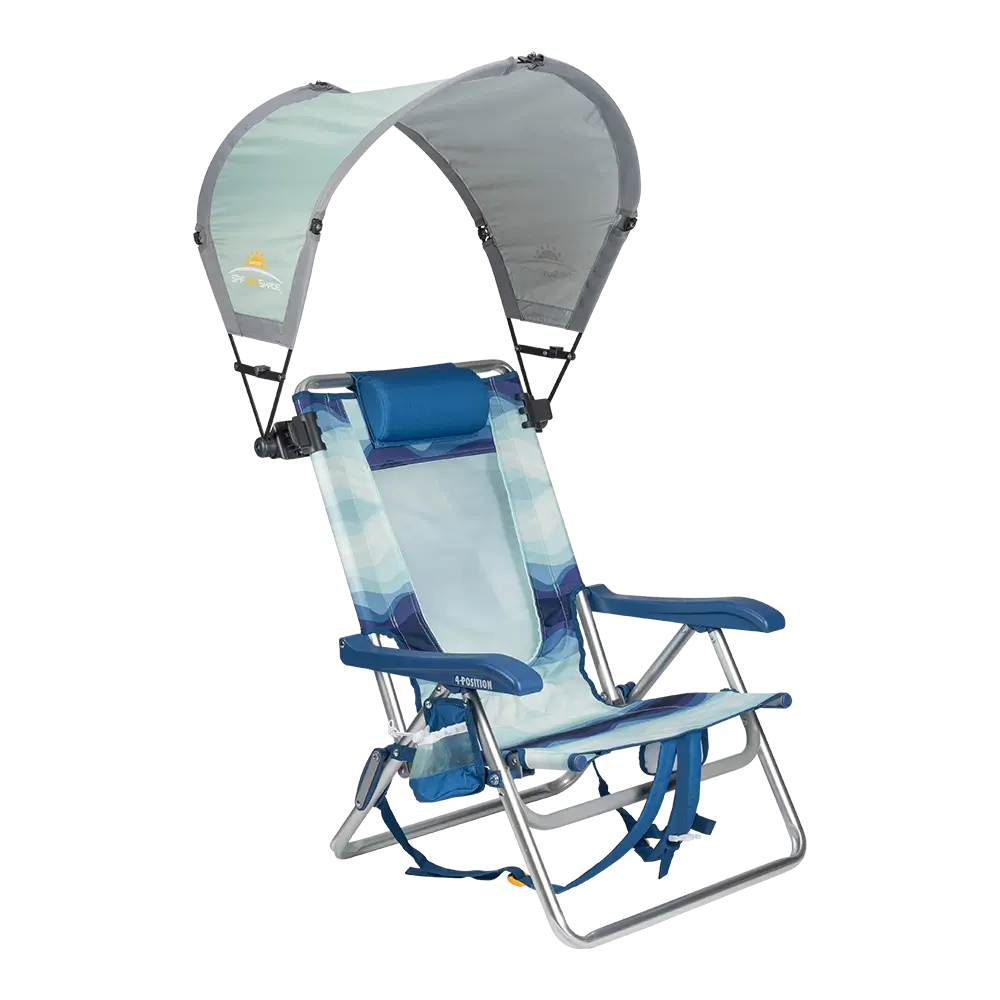 A pastel green sunshade accessory attached to a backpack beach chair. 