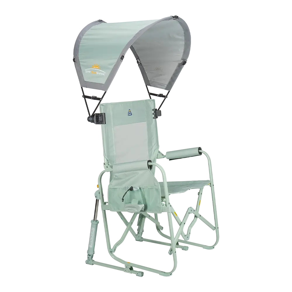 A pastel green sunshade accessory attached to a stowaway rocker. 