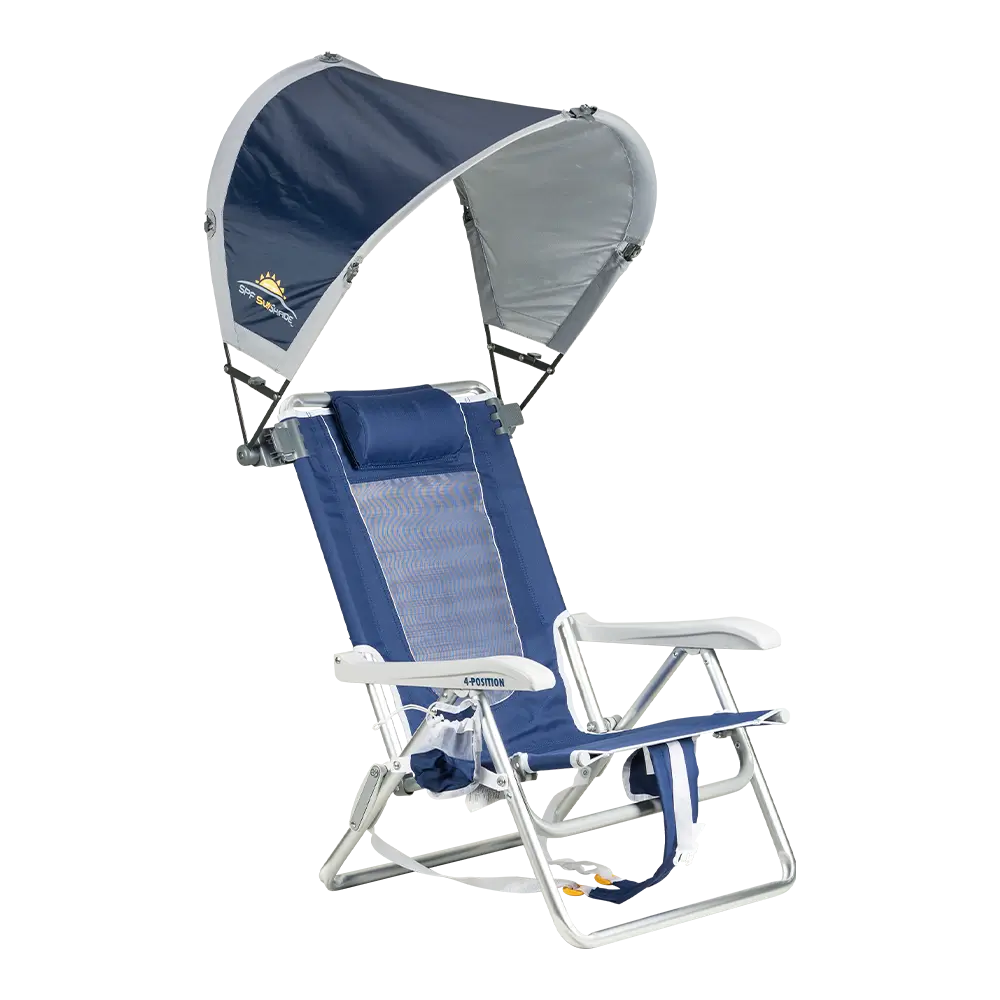 A indigo sunshade accessory attached to a backpack beach chair. 