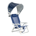A indigo sunshade accessory attached to a backpack beach chair. 