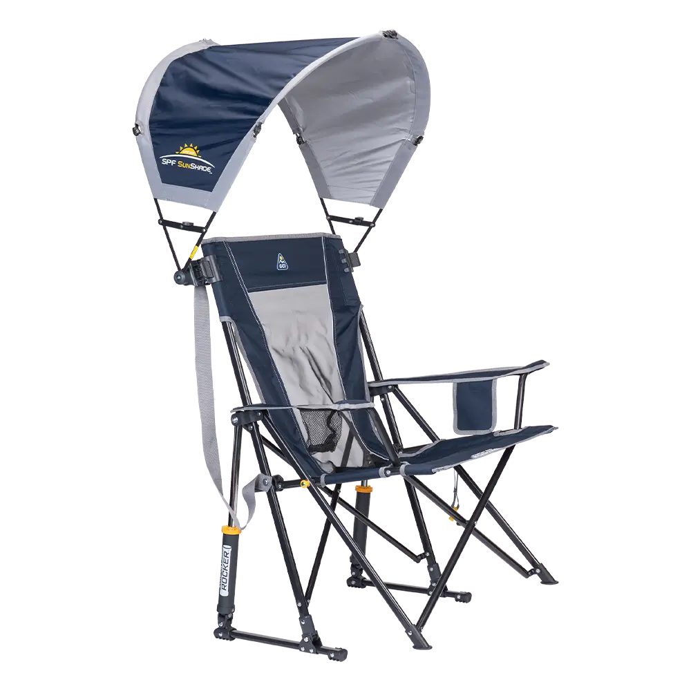 A indigo sunshade accessory attached to a comfort pro rocker. 