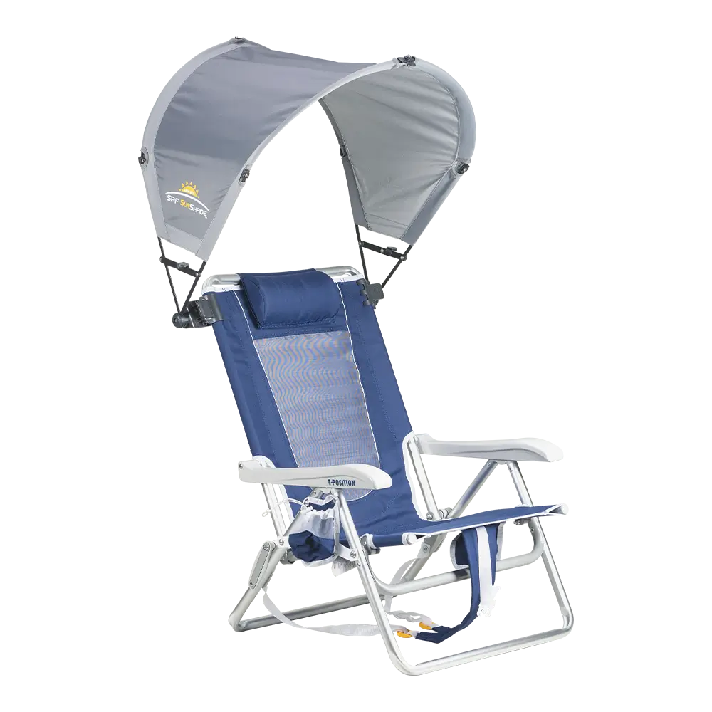 A mercury sunshade accessory attached to a backpack beach chair. 