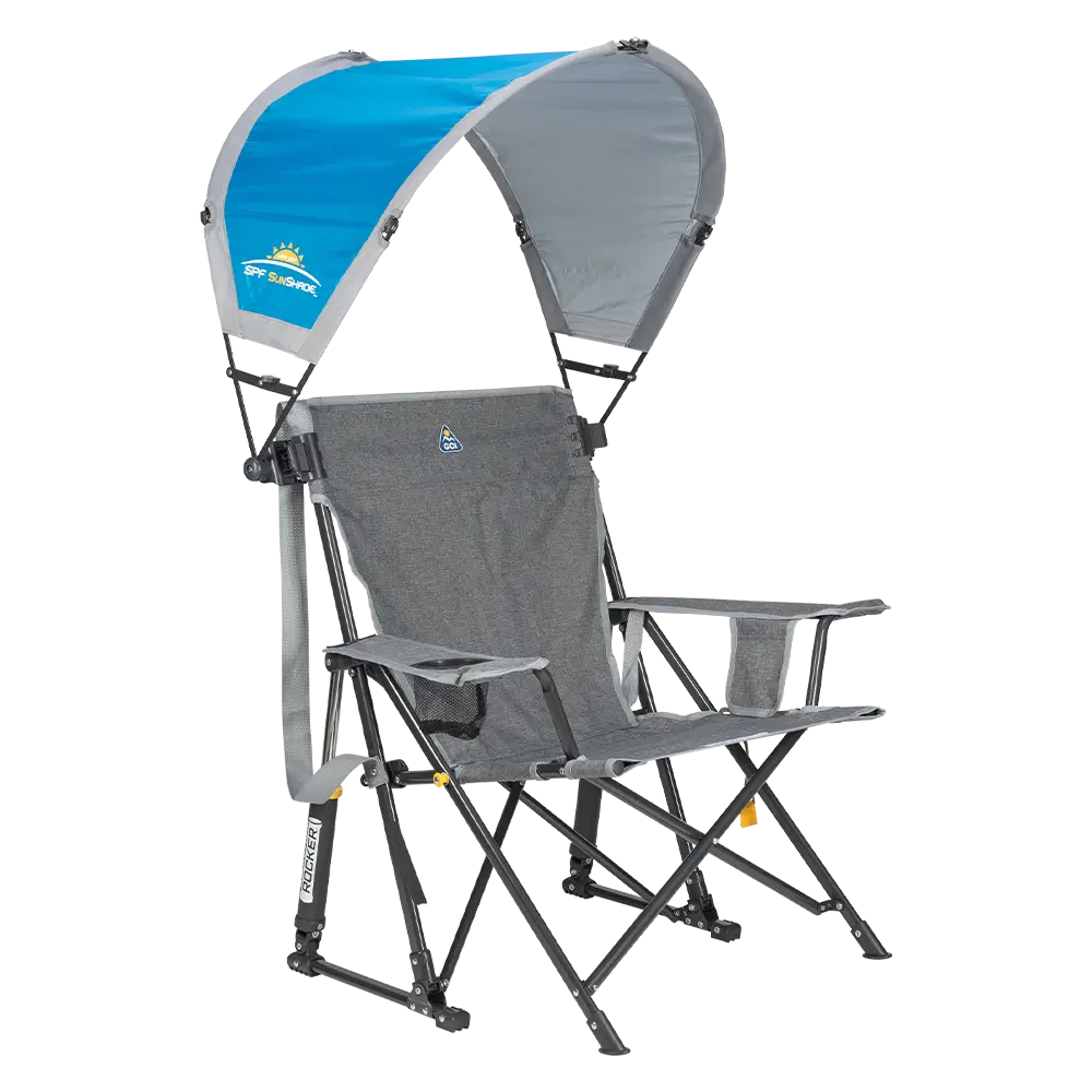 A saybrook blue sunshade accessory attached to a roadtrip rocker. 