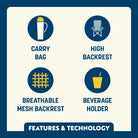 Teal Eazy Chair showing the carry bag, high backrest, mesh backrest, and beverage holder features. 