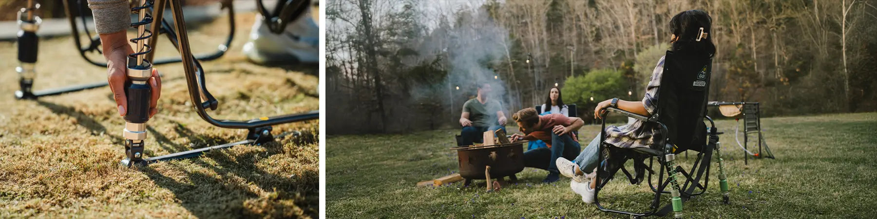 A person adjusting the adjustable rocker shocks. A group surrounding a firepit sitting in GCI Outdoor chairs. 