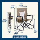 Camping chair with dimensions displayed on a blue and beige background