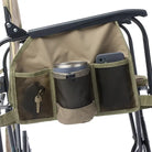 Camping chair with a side drink caddy attached, containing a cup, keys, and a phone.