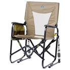 Aged fatigue camping chair with an adjustable spring rocker on a white background