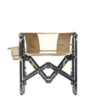 Foldable camping chair with an aged fatigue seat and backrest on a white background