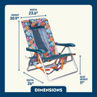 A dimensions overview of the Tropical Escape Backpack Beach Chair. 