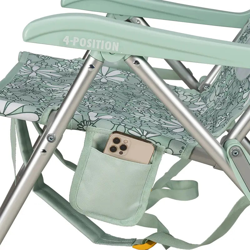 Backpack Beach Chair, Floral Pastel Green, Phone Pocket Detail