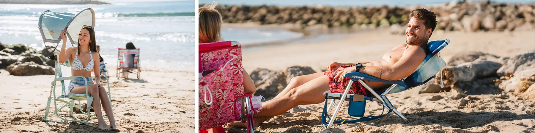 On the left, a woman adjusts the Sunshade Accessory on her Beach Rocker while sitting on the sand. On the right, a man reclines in a Backpack Beach Chair, enjoying a sunny beach day.