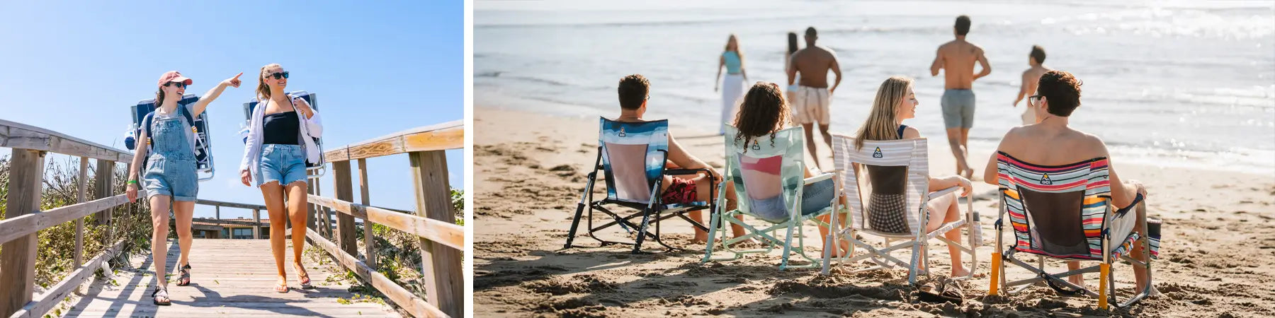 Two women carry backpack beach chairs on boardwalk; friends lounge on beach rockers while others head to the ocean.