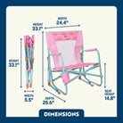 A Pink Lotus Beach Rocker with dimension labels showing height, width, depth, and seat height, plus a folded view of the chair on a white background with a dark blue border.