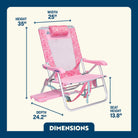 Pink patterned Big Surf with Slide Table with overlaid dimension arrows and labels showing height 35 inches, width 25 inches, depth 24.2 inches, and seat height 13.