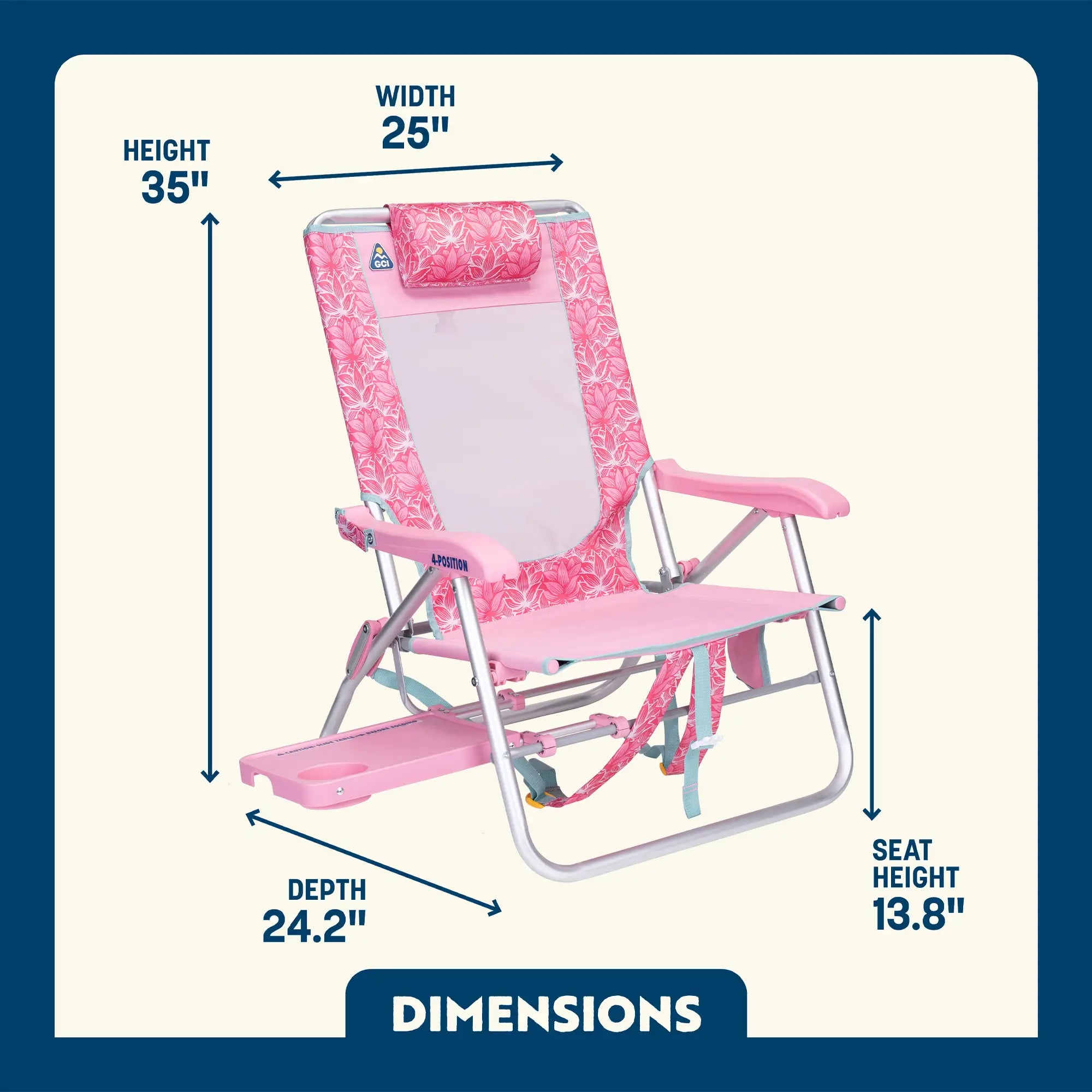 Pink patterned Big Surf with Slide Table with overlaid dimension arrows and labels showing height 35 inches, width 25 inches, depth 24.2 inches, and seat height 13.
